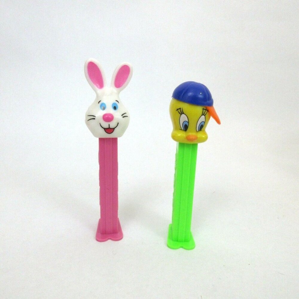 Set of 2 Vintage Pez Candy Dispensers Easter Bunny Warner Bro Tweety Bird Footed